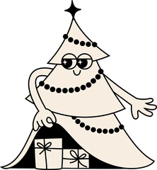 Funny Retro PNG Illustration with Christmas Tree and Gifts. Vector Character in Vintage Style. Christmas and New Year Poster