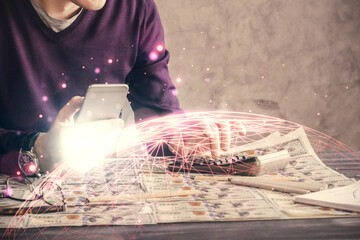 Poster - Double exposure of man's hands holding and using a phone and social network theme drawing.