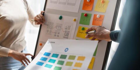 Group of ux developer and ui designer brainstorming about app interface design at modern office. Creative digital development agency