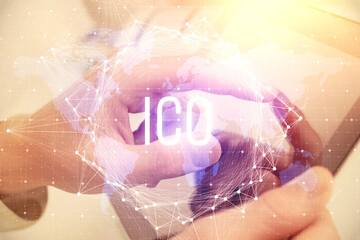 Aufkleber - Double exposure of man's hands holding and using a phone and crypto currency blockchain theme drawing.
