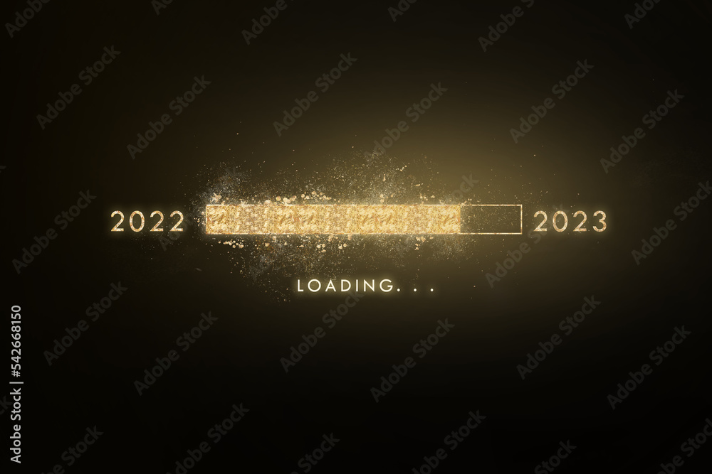 Loading Gold Gold progress bar loading 2022 to 2023 on black background. Stock Photo ...