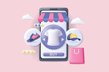 Aufkleber - Realistic concept of online shopping scene without people in 3D cartoon style. Image of the online store page in a smartphone. Vector illustration.