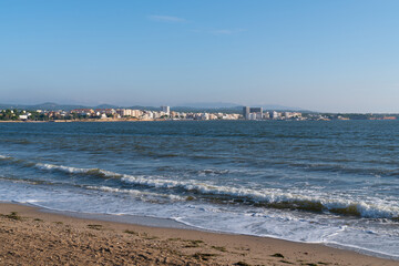 L'Ampolla Spain coast town viewed from Platja del Arenal beach south of L`ametlla de Mar and north of Ebro Delta in Tarragona province Catalonia