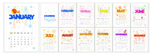 Wall Monthly Calendar 2023 In Doodle Style. Simple Monthly Vertical Photo Calendar Layout For 2023 Year In English. Cover Calendar, 12 Monthes Templates. Week Starts From Monday. Vector Illustration