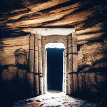 Magic Portal In Ancient Stone Arch Fairytale Background. Mysterious Place Surrounded With Rock Cliff Pillars And Way To Other World, Underground Dimension