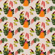 Tropical seamless pattern with baianas, toucans, leaves, and false bird of paradise plants