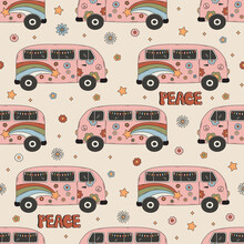 Seamless Vector Pattern With Cute Hippie Van And Peace Word. Background With Camping Bus In Vintage Groovy Style. Cartoon Funny Car Texture
