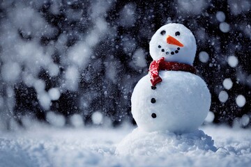 Sticker - Smiling snowman in winter, wearing a hat and scarf, natural street lighting, forest background, daylight, professional photography, focus on the snowman.