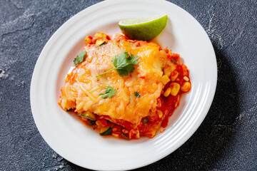 enchilada casserole with veggies, corn, pinto bean