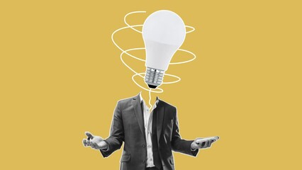 Wall Mural - 2k stop motion animation, contemporary art collage. Inspiration, idea, trendy urban magazine style. Man in business suit with electric bulb instead head