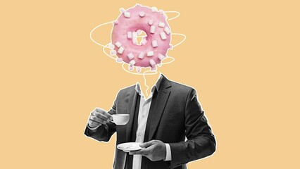 Wall Mural - Contemporary art collage, 2K stop motion animation. Inspiration, idea, trendy urban magazine style. Man in business suit with glazed donut instead head