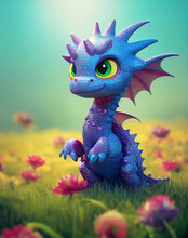 Cute Baby Dragon In A Flower Field, Close Up Fantasy Creature, Adorable Big Eyes Dragon, Kawaii Style