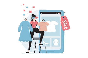 Metaverse concept with people scene in flat design. Woman wearing VR goggle and shopping in cyberspace, choosing goods on screen of mobile phone. Vector illustration with character situation for web