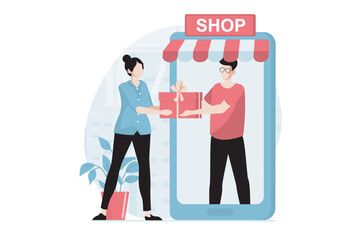 Fototapete - Mobile commerce concept with people scene in flat design. Woman makes online purchases, orders goods and delivery and receives gifts from man. Vector illustration with character situation for web
