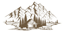 Cabin Vector Design. Log Cabin Illustration In Mountain And Forest Landscape Vector