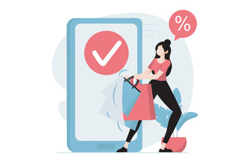 Poster - Mobile commerce concept with people scene in flat design. Woman making online shopping and buying with discount prices in smartphone application. Vector illustration with character situation for web