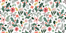 Botanical Christmas Seamless Pattern, Wallpaper, Winter Design With Holly Leaves, Poinsettia, Pine Tree, Seasonal Plants 