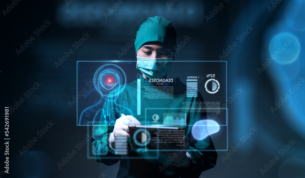 Doctor brain neurologist specialist surgeon using computer tablet pad ...