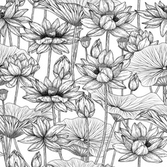 Wall Mural - Seamless vector pattern garden with lotus flowers in engraving style