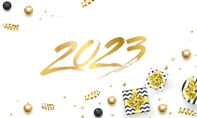 Leinwandbilder - 2023 gold new year lettering on Holiday glittering background. Vector New Year Eve sparkle background with golden 2023 number, snowflakes and gifts