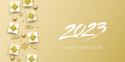Leinwandbilder - 2023 New Year lettering on gold glittering background. Vector New Year Eve sparkle shine and flare glow background with golden 2023