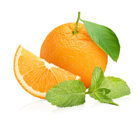 Sticker - one whole orange and one slice with mint leaves on a white isolated background