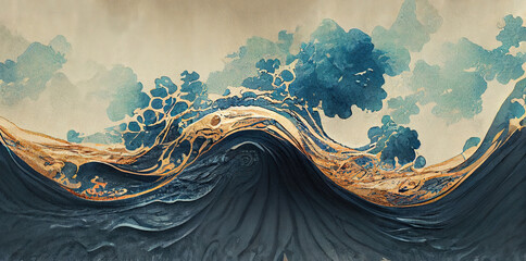 Blue and black texture with Japanese ocean wave pattern in vintage style 3d illustration