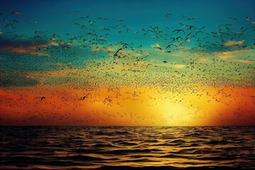 Wall Mural - Beautiful nature Seagull birds flying in the sky over the ocean at sunset nature