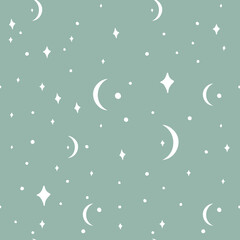 monochrome seamless pattern with white stars and crescent moons on blue background. boho celestial p