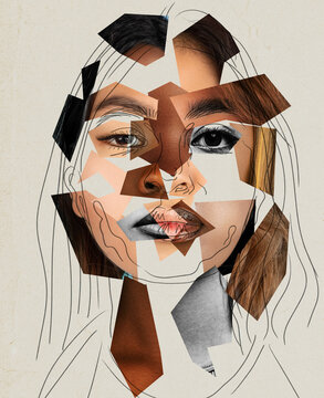 contemporary art collage. modern design. female face made from different face parts of women of vari
