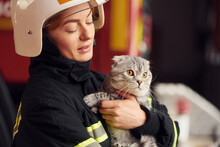 Holding Beautiful Scottish Fold Cat. Woman Firefighter In Uniform Is At Work In Department