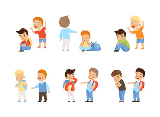 Wall Mural - Angry Kids Bullying and Abusing the Weak Agemate Teasing and Laughing at Them Vector Set