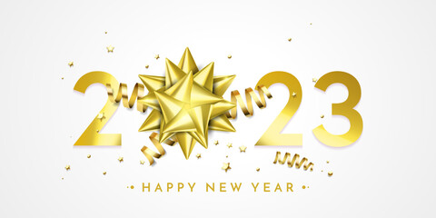 Poster - 2023 New Year gold lettering on glittering background. Vector New Year Eve sparkle shine and flare glow background with golden confetti