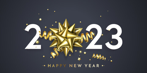 Leinwandbilder - 2023 New Year gold lettering on glittering background. Vector New Year Eve sparkle shine 2023 and flare glow background with golden confetti
