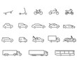 Road Transport Icons. Car, motorcycle and public transport type icons set. Car and Motorcycle type icons set. Lines with editable stroke