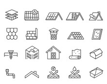 Roof Icons Set. Housetop Construction Materials, Waterproofing Icon Set. Outline Set Of Roof Vector Icons For Web Design Isolated On White Background. Lines With Editable Stroke
