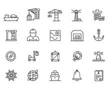 Seaport, Icon Set. Outline Set Of Marine Port Vector Icons For Web Design Isolated On White Background. Seaport, Icon Set. Set Line Icons Of Marine Port. Lines With Editable Stroke