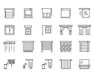 window blinds icons set. blinds and jalouise line icons set. french, austrian, japanese, classic cur