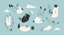 Various Falling People. Diverse Male And Female Characters. Hand Drawn Modern Vector Illustration. Flying Or Falling Down Abstract People Set. Cartoon Outline Style. All Elements Are Isolated