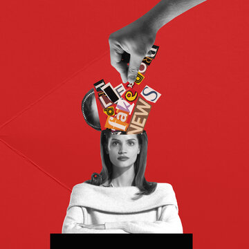 Creative design. Conceptual artwork. Human hand putting fakes, lie into beautiful woman's head. Manipulation of society
