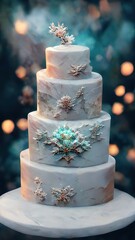 Wall Mural - Festive Christmas wedding cake with snowflakes decoration in 3D style 