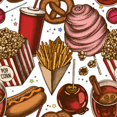 Carnival food seamless pattern background design. Engraved style. Hand drawn french fries, pretzel, popcorn, lemonade, hot dog, mulled wine, caramel apple, cotton candy, lollipop.