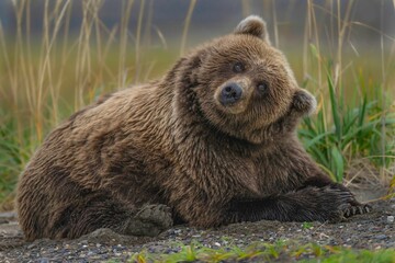 Poster - Wild Alaska Peninsula brown bear sitting on the ground in a rural area in daylight