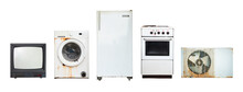 Old Household Appliances TV, Washing Machine, Refrigerator, Electric Stove, Air Conditioner Isolated On White Background.