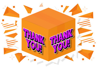 Poster - Thank You word with cardboard box. Vector cartoon folded card box illustration.
