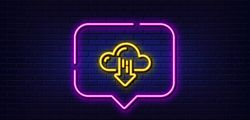 Poster - Neon light speech bubble. Cloud computing download line icon. Internet data storage sign. File hosting technology symbol. Neon light background. Cloud download glow line. Brick wall banner. Vector