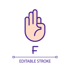 Sticker - Letter F in American sign language pixel perfect RGB color icon. Nonverbal communication. Isolated vector illustration. Simple filled line drawing. Editable stroke. Arial font used