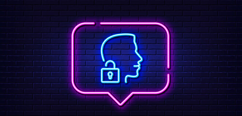 Wall Mural - Neon light speech bubble. Face accepted line icon. Access granted sign. Unlock system symbol. Neon light background. Unlock system glow line. Brick wall banner. Vector