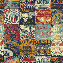 Motorcycle Racing Bikers Labels And Badge Patchwork Vintage Vector Seamless Pattern