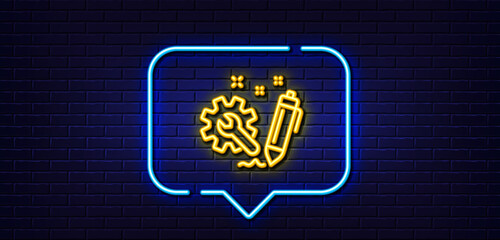 Poster - Neon light speech bubble. Engineering line icon. Cogwheel and Wrench tool sign. Neon light background. Engineering glow line. Brick wall banner. Vector